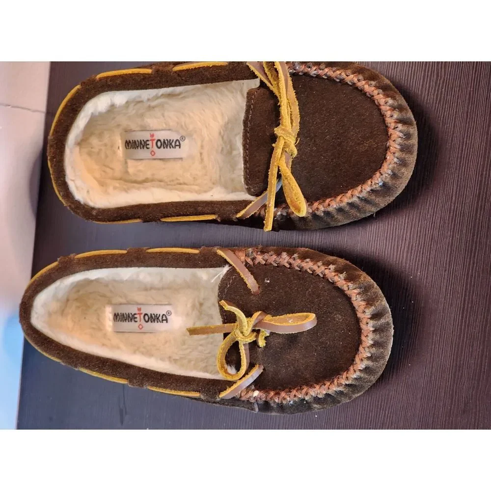 Minnetonka‎ Shoes Youth 13 Slip On Boat Moccasins Brown Leather Faux Fur 4812